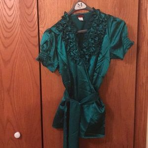 Jade green silk wrap blouse